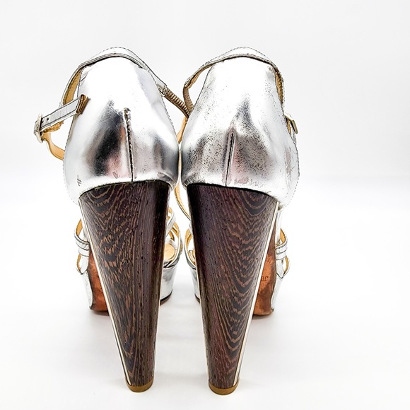 💝SOLD💟 JIMMY CHOO Platform Metallic Silver Ankle Strap High-Heel Shoes Size 8 - Picture 4 of 8